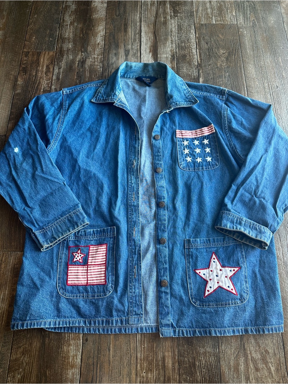 Vintage Natural Impressions Women Denim Jacket Patriotic America Patches Y2K XL